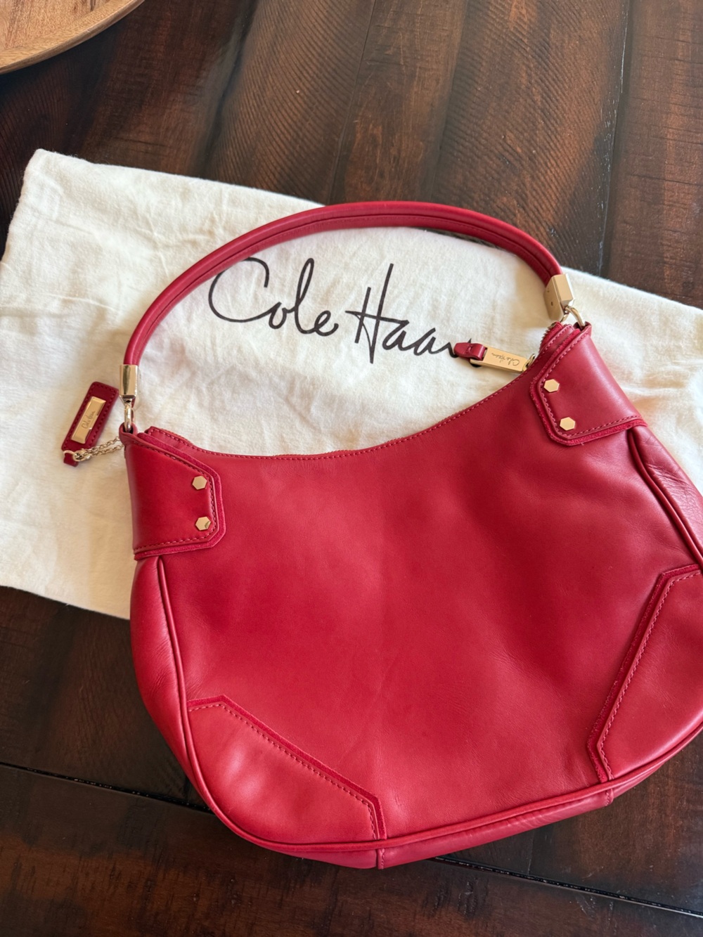 Cole Haan Cherry Red Leather Shoulder Hobo with Gold Hardware